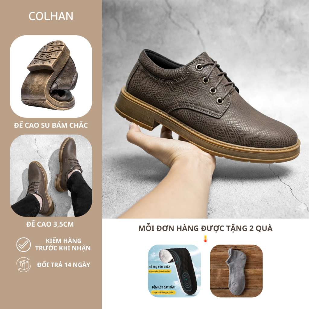 Giày Da Nam Cao Cấp Đốc Tờ COLHAN CS074 Da Cao Cấp Đế Cao Su Non Nguyên Khối Tăng Chiều Cao