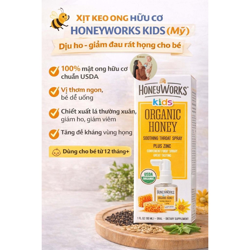 Xịt keo ong hữu cơ Honeyworks Kids giảm ho cho bé hàng Mỹ Embott