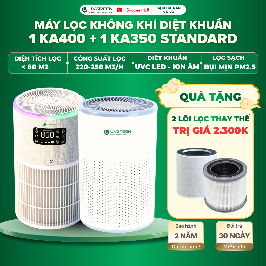 [TẶNG 2 LỌC] Combo 2 Máy Lọc Không Khí UVGREEN KA400 Và KA350 Standard, UVC LED & Ion Âm Diệt Khuẩn,
