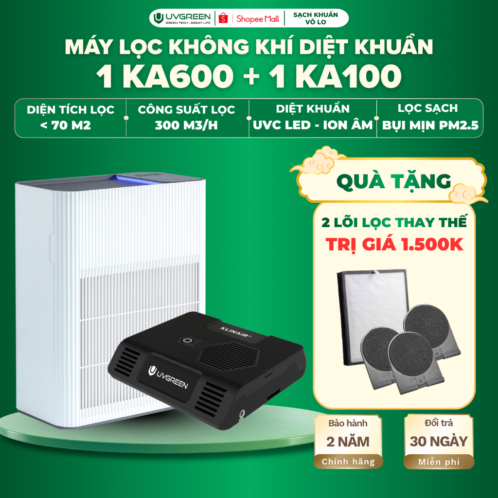 [TẶNG 4 LỌC] Combo Máy Lọc Không Khí Diệt Khuẩn UVGREEN KA600 Và Máy Lọc Không Khí Ô Tô KA100, UVC L
