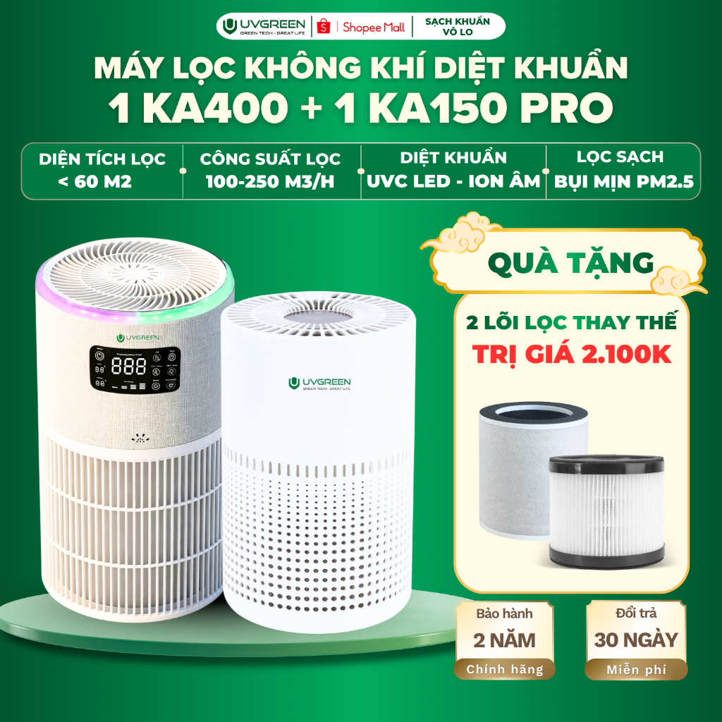 [TẶNG 2 LỌC] Combo 2 Máy Lọc Không Khí UVGREEN KA400 Và KA150 Pro - UVC LED & Ion Âm Diệt Khuẩn,Lọc 