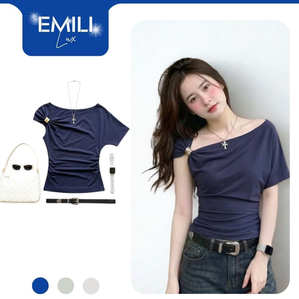 Áo lệch vai Emili Lux phối khoen gold cao cấp, áo kiểu nữ thiết kế nhún eo tôn dáng cực xinh A91