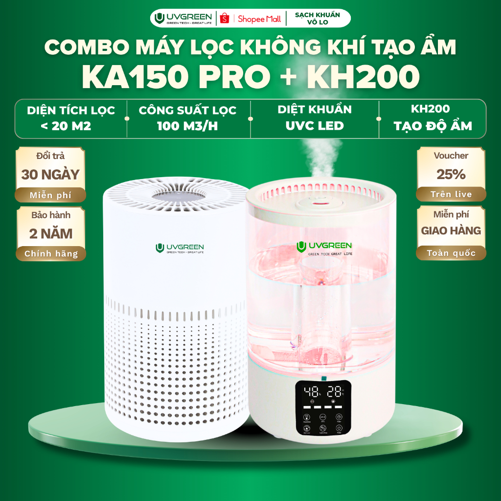 Combo Máy Lọc Không Khí Diệt Khuẩn KA150 & Máy Phun Sương Tạo Ẩm KH200 UVC LED - Xông Tinh Dầu, Lọc 