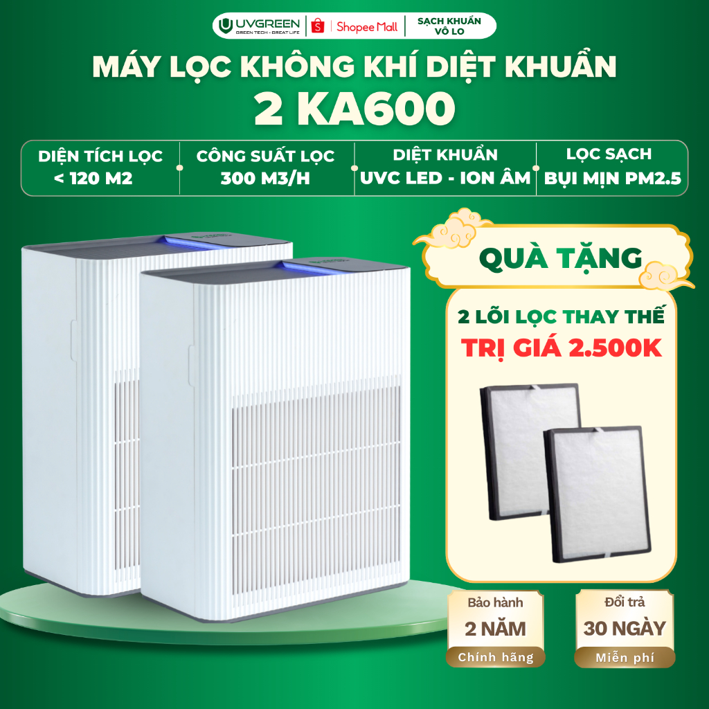 [TẶNG 2 LỌC] Combo 2 Máy Lọc Không Khí Diệt Khuẩn UVC LED UVGREEN KA600 60m2 - Công Nghệ Hiện Đại
