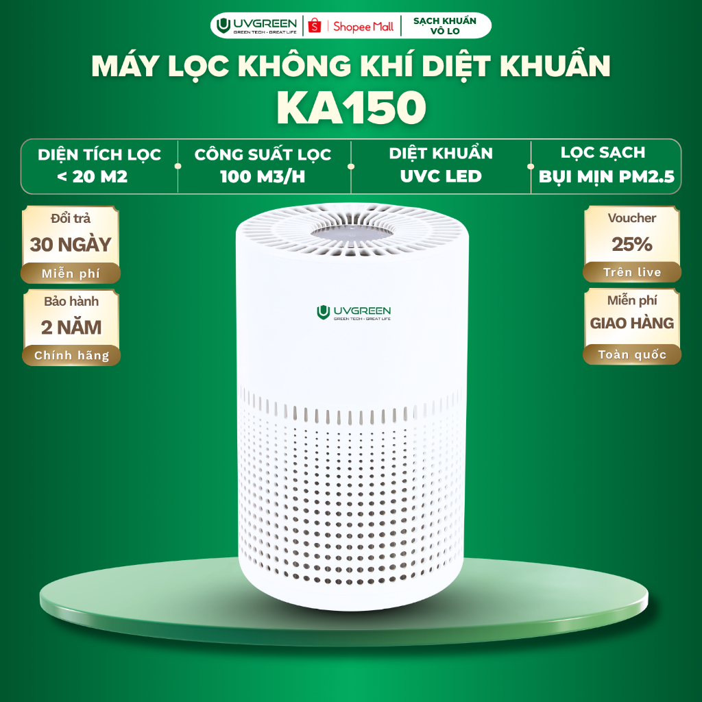 [Hannah Olala] Máy Lọc Không Khí Bụi Mịn UVGREEN KA150 20m2, HEPA H13 Lọc Bụi Mịn, Diệt Khuẩn UVC Led, Xông Tinh Dầu