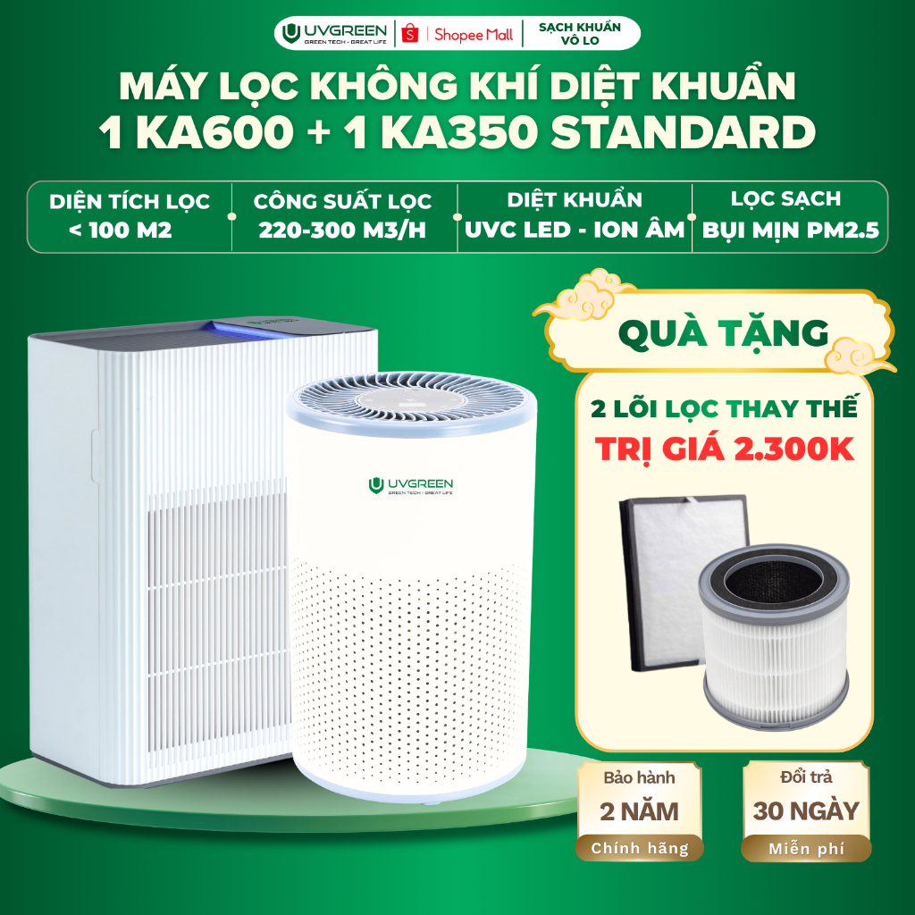 [TẶNG 2 LỌC] Combo Máy Lọc Không Khí Diệt Khuẩn UVC LED UVGREEN KA600 và KA350 Standard- UVC LED, Lõ