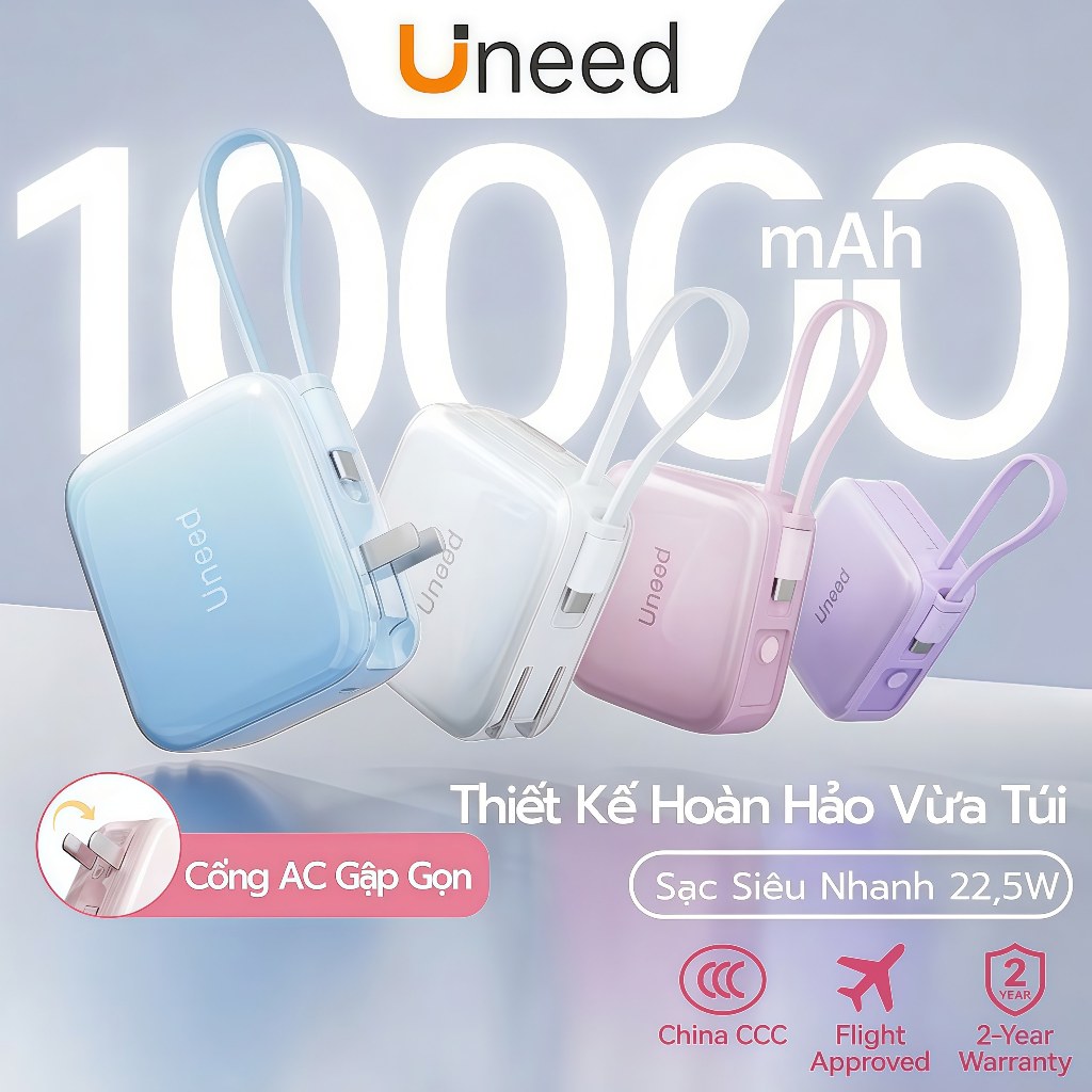 【CCC】Cục sạc dự phòng 10000mAh Uneed,Sạc Nhanh PD 22.5W mini Powerbank, Pin Sạc Type‑C/L,Củ sạc gập liên nhỏ
