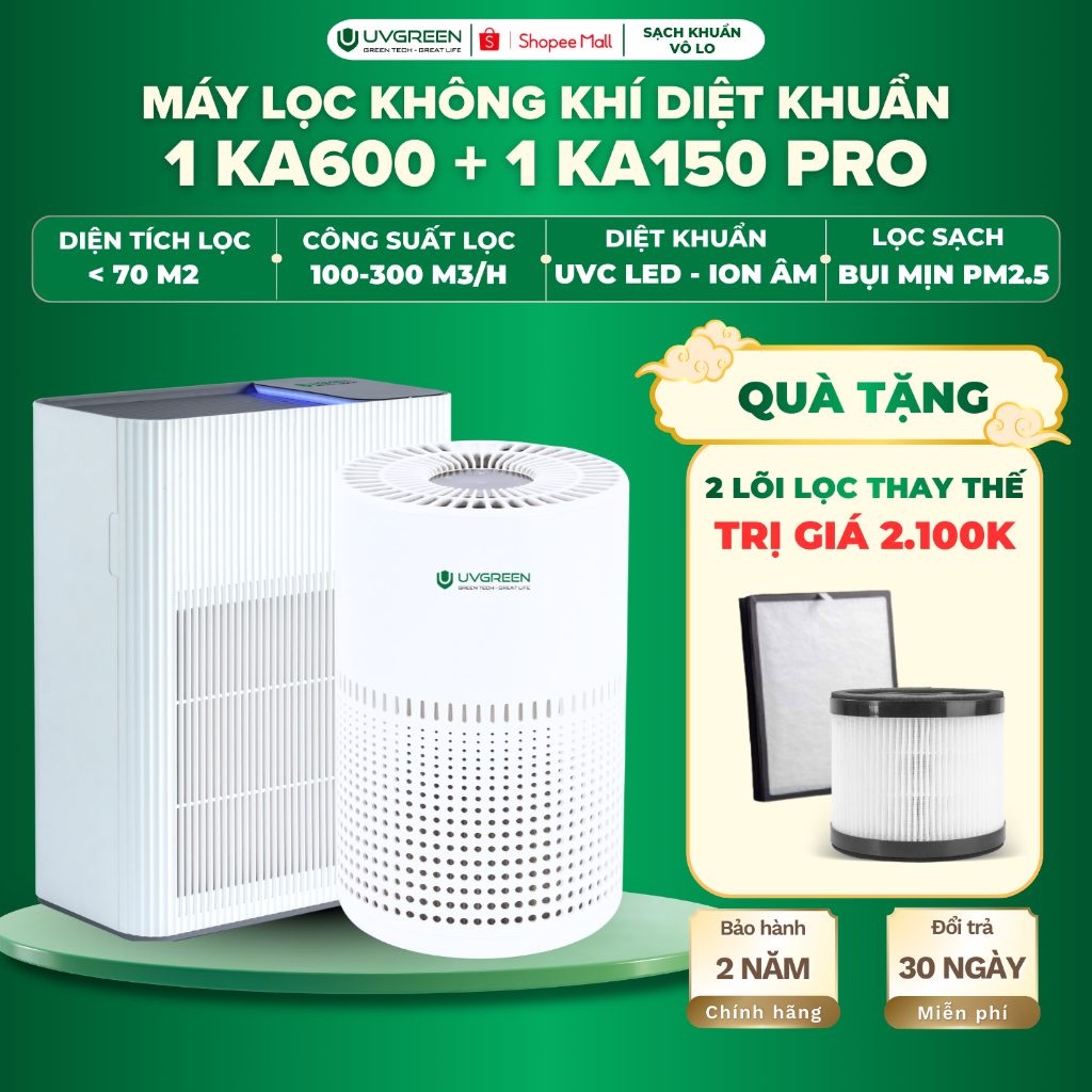 [TẶNG 2 LỌC] Combo Máy Lọc Không Khí Diệt Khuẩn UVGREEN KA600 và KA150 - Công Nghệ UVC LED, Lõi Lọc 