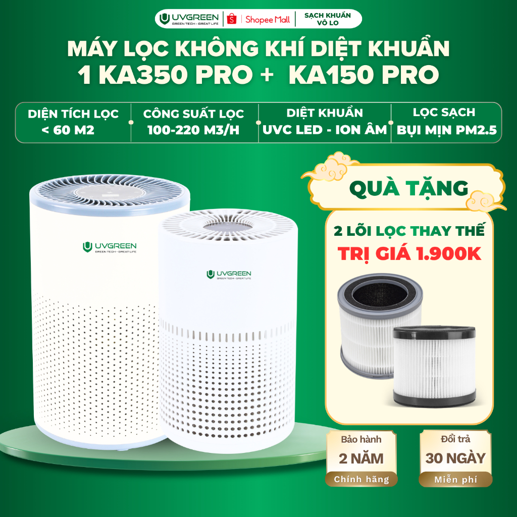 [TẶNG 2 LỌC] Combo Máy Lọc Không Khí Diệt Khuẩn UVGREEN KA350 và KA150 - Công Nghệ UVC LED, Lõi Lọc 