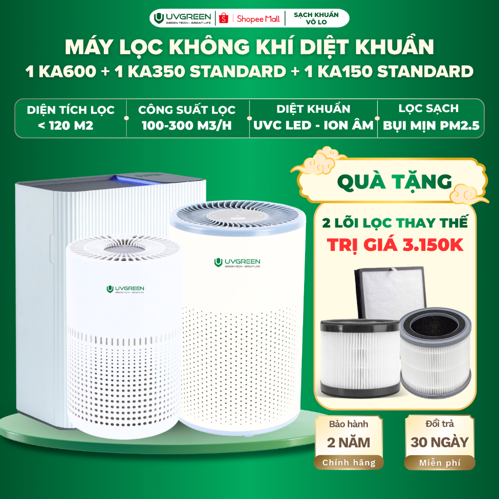 [TẶNG 3 LỌC] Combo 3 Máy Lọc Không Khí Diệt Khuẩn UVGREEN KA600, KA350 Light, KA150 Standard, Công N