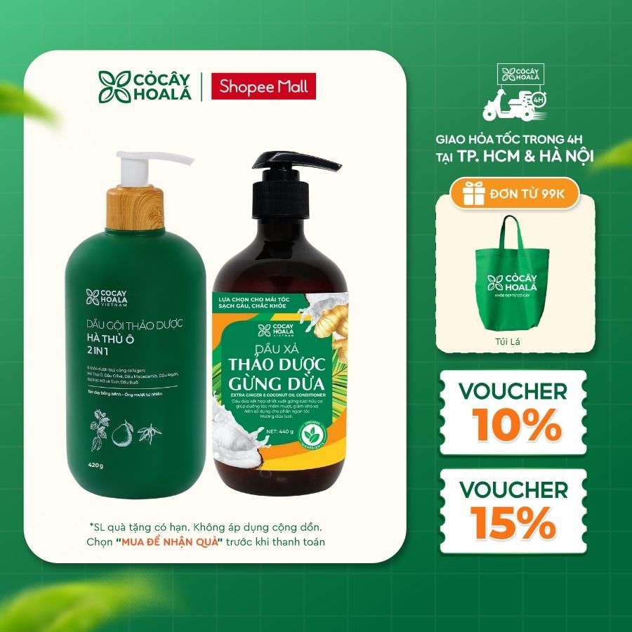 [HỎA TỐC] Combo Dầu Gội Hà Thủ Ô 2in1 420G & Dầu Xả Gừng Dừa 440G Cỏ Cây Hoa Lá Giúp Giảm Gãy Rụng, 