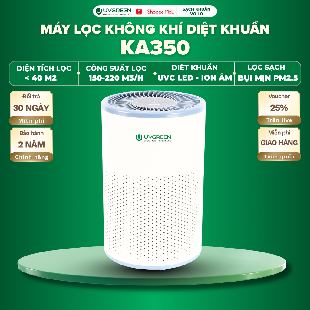 [KOC] Máy Lọc Không Khí Diệt Khuẩn UVGREEN KA350 40m2, UVC LED, Lõi HEPA H13, Ion Âm, Lọc Bụi Mịn