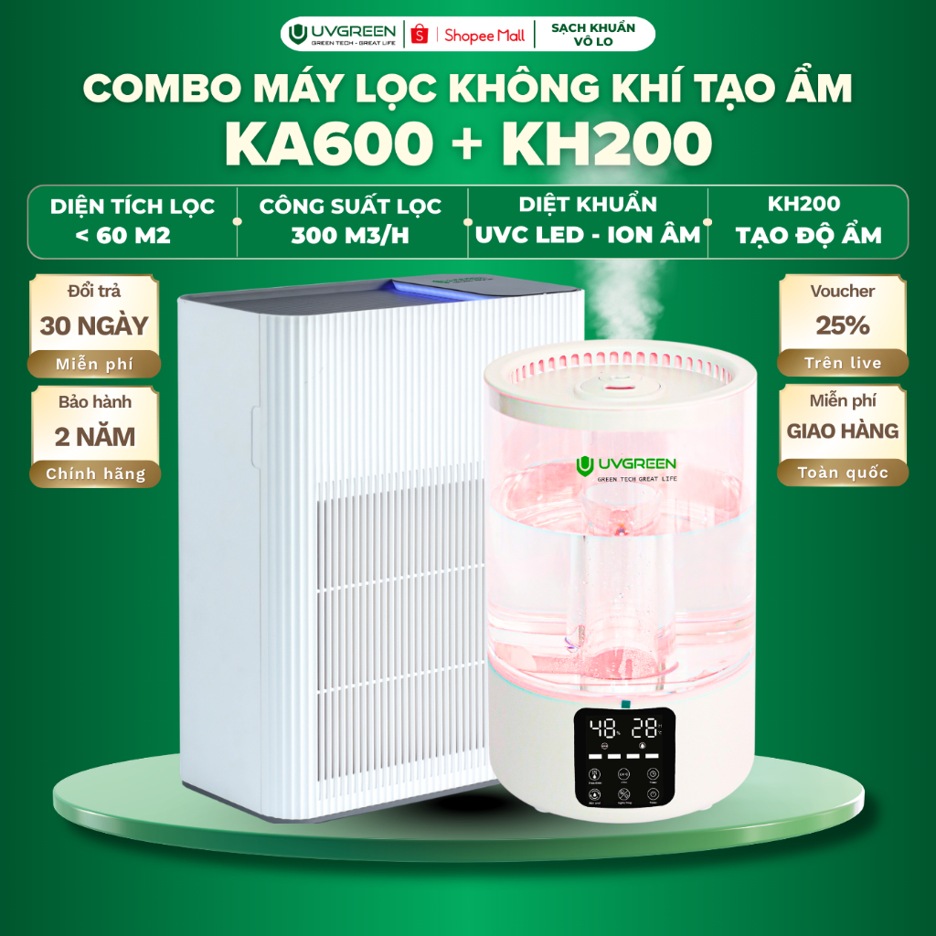 Combo Máy Lọc Không Khí KA600 & Máy Phun Sương Tạo Ẩm KH200 - UVC LED - Lọc Sạch Bụi Mịn - Xông Tinh