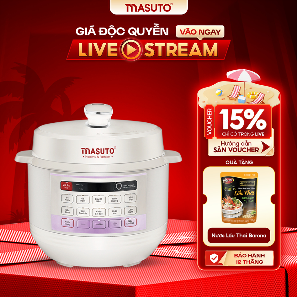 [LIVE] Nồi áp suất điện đa năng Masuto MS PC05 10 chức năng nấu, chế độ nấu mở nắp riêng biệt, bảo h