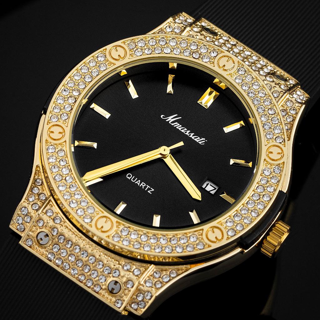 Đồng Hồ Nam Mmassati Bộ Máy Pin Mặt Đen Đính Đá Sang Trọng Viền Vàng Lấp Lánh Dây Silicon Bộ Khóa Ch