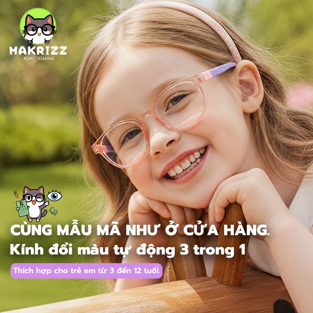 MAKRIZZ Kính Trẻ Em Đổi Màu Chống Ánh Sáng Xanh & UV, Gọng TR90 Siêu Dẻo Nhẹ 14g Dáng Oval Cho Bé 3-12 Tuổi an toàn