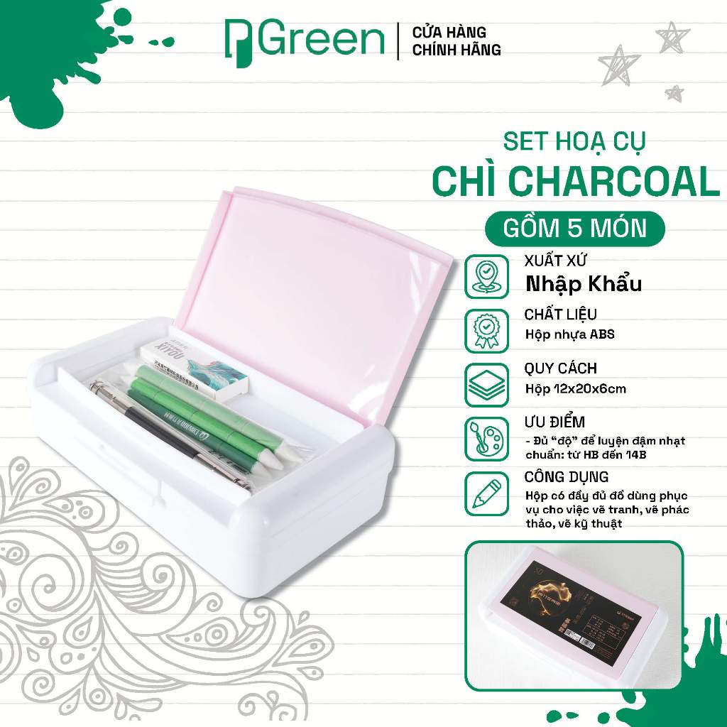 Set Chì Charcoal (Bộ vẽ chì & than) – Kèm Paper Stump 8722, nối chì 2 đầu, gôm dẻo gom vụn | PGREEN