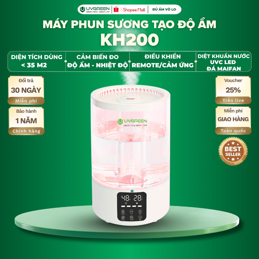 Máy Phun Sương Tạo Ẩm Không Khí UVGREEN KH200, 5L, Phun Sương Mịn, UVC Diệt Khuẩn Nước, Xông Tinh Dầ