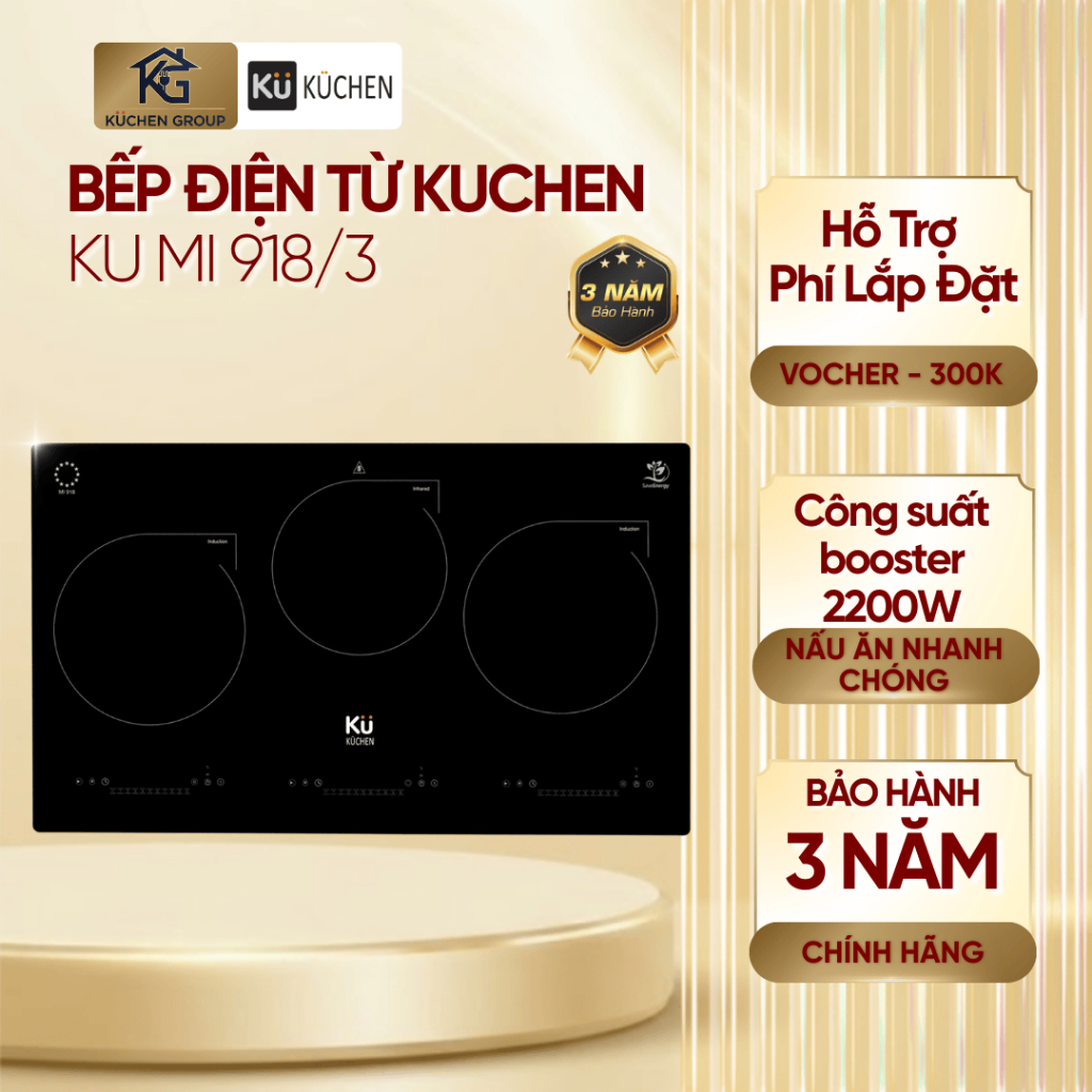 [KUCHEN] Bếp Điện Từ Kuchen KU MI 918/3 3 Vùng Nấu 2 Từ 1 Hồng Ngoại Booster - BH 3 năm