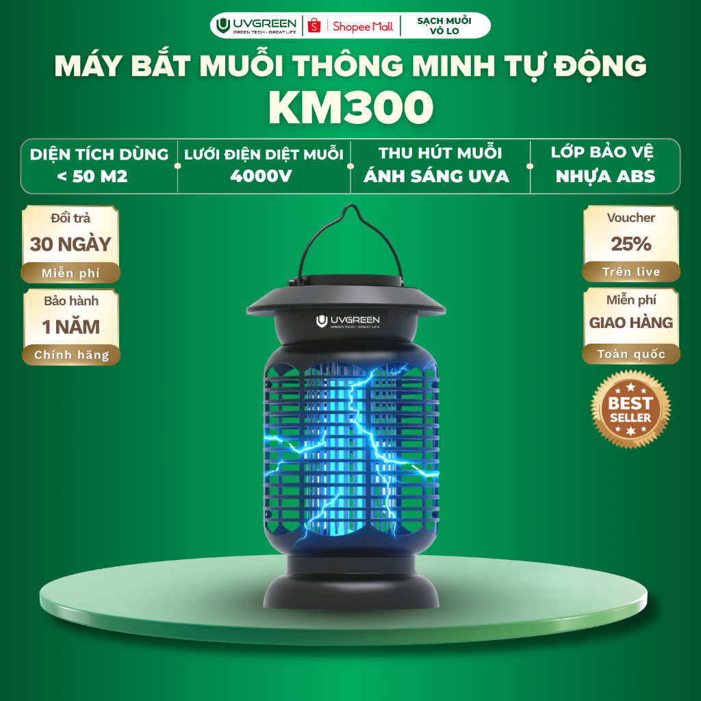 Máy Bắt Muỗi, Ruồi Và Côn Trùng Thông Minh UVGREEN KM300 và KM4x0, Công Suất 16W, Bảo Hành 12T