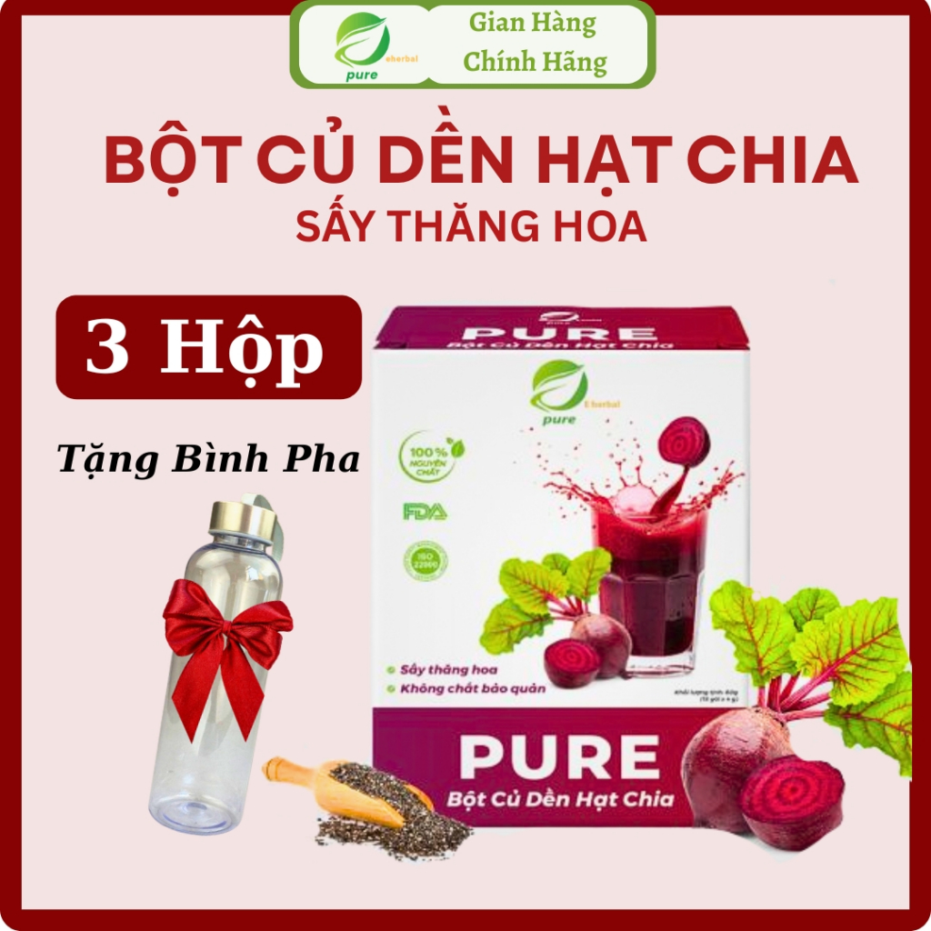 [Tặng Bình Pha]  Combo 3 Hộp Bột củ dền hạt chia - Pure detox Eherbal - sấy thăng hoa - 2 hộp tặng b