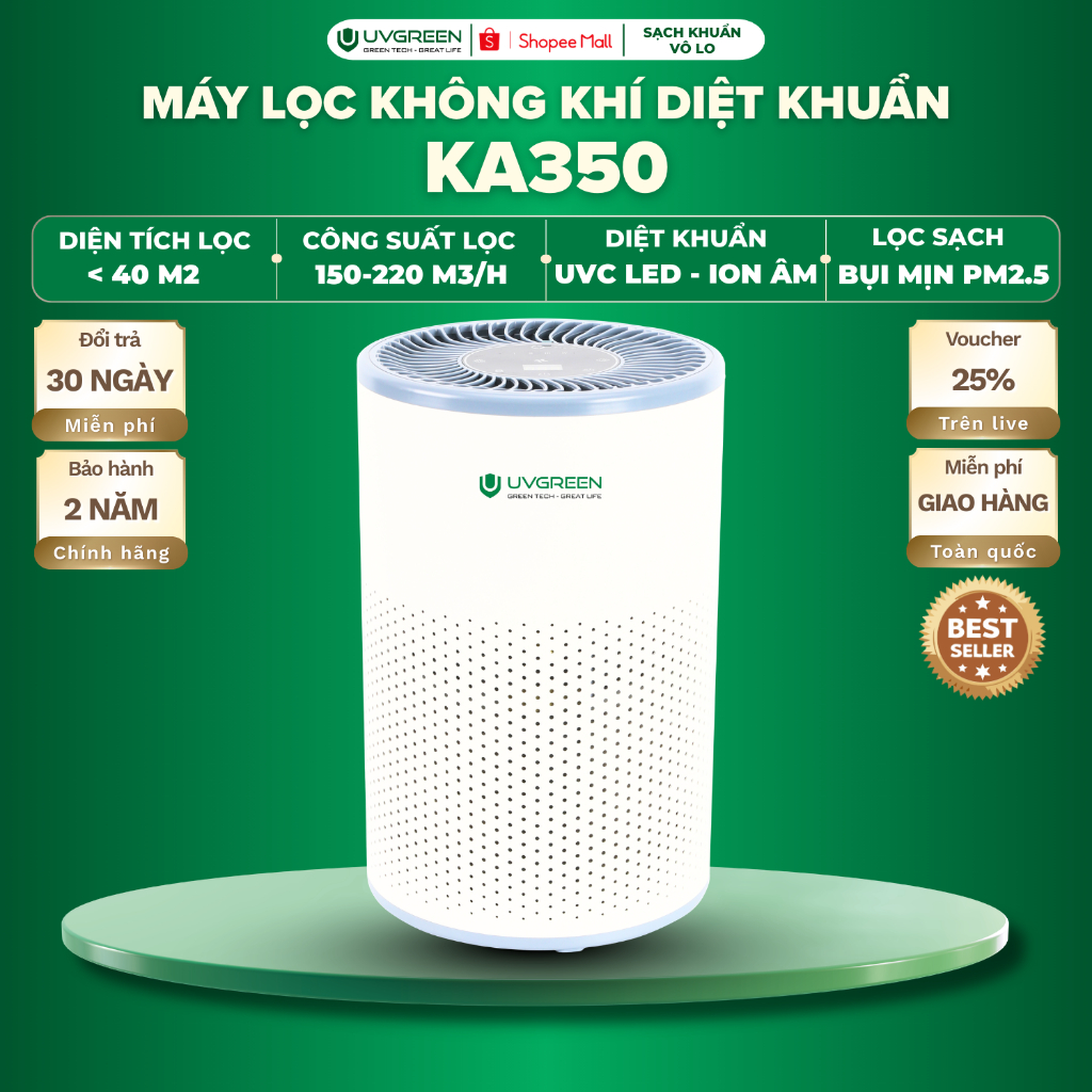Máy Lọc Không Khí Diệt Khuẩn UVGREEN KA350 40m2, UVC LED, ION Âm, Lõi Lọc HEPA H13, Lọc Bụi Mịn