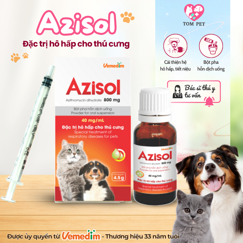 AZISOL Vemedim trị nhiễm khuẩn đường hô hấp, tiêu hóa, tiết niệu sinh dục trên chó mèo