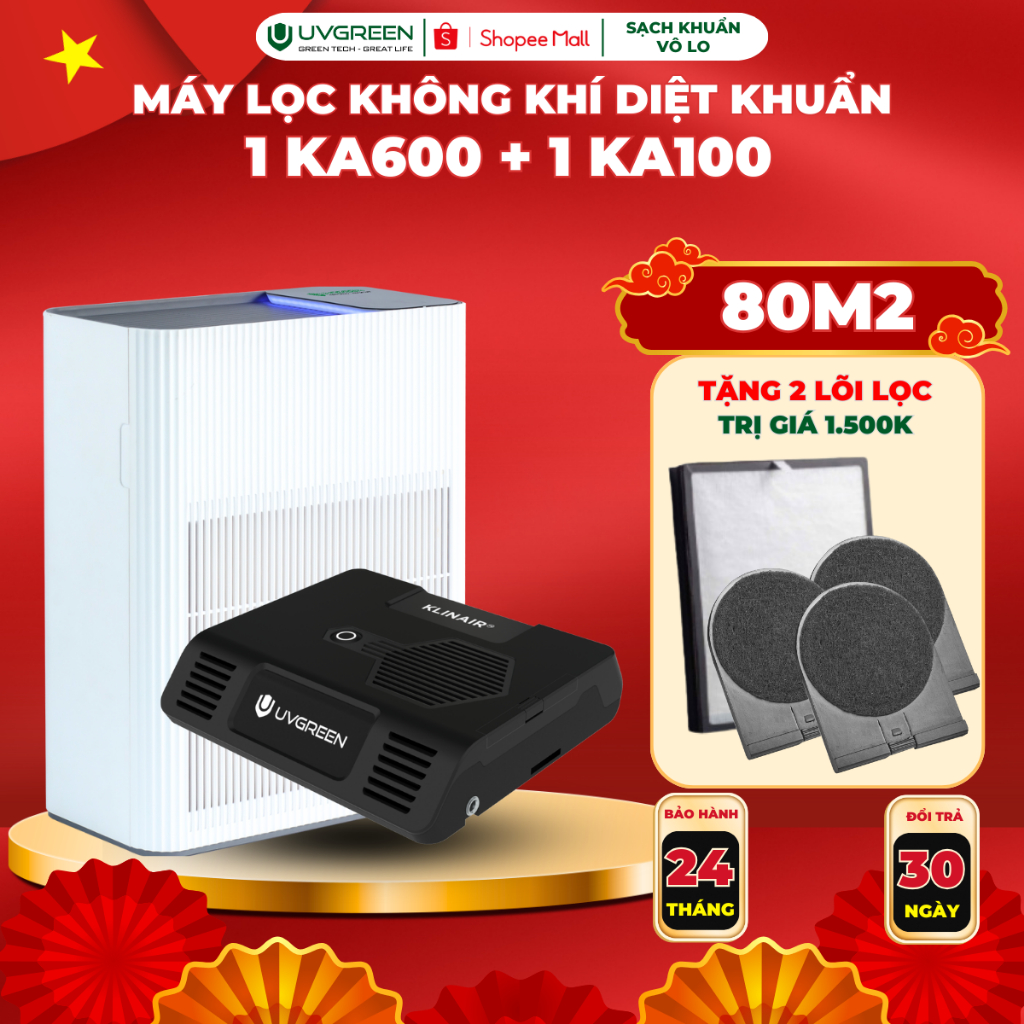[UVG] [TẶNG 4 LỌC] Combo Máy Lọc Không Khí Diệt Khuẩn UVGREEN KA600 và Máy Lọc Không Khí Ô Tô, Diệt 