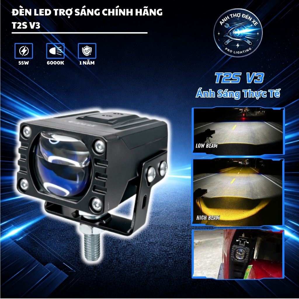 Đèn Trợ Sáng T2S V3 BMA - Có Demi Xanh & Đỏ, Ánh Sáng Siêu Rộng, Pha Laser Mạnh Chiếu Xa 200m Lắp Ot