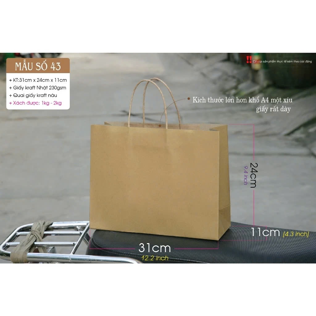 Combo 10- MS 43- Túi kraft ngang đựng quà tặng thời trang quần áo túi xách- Kraft paper bag size M- 