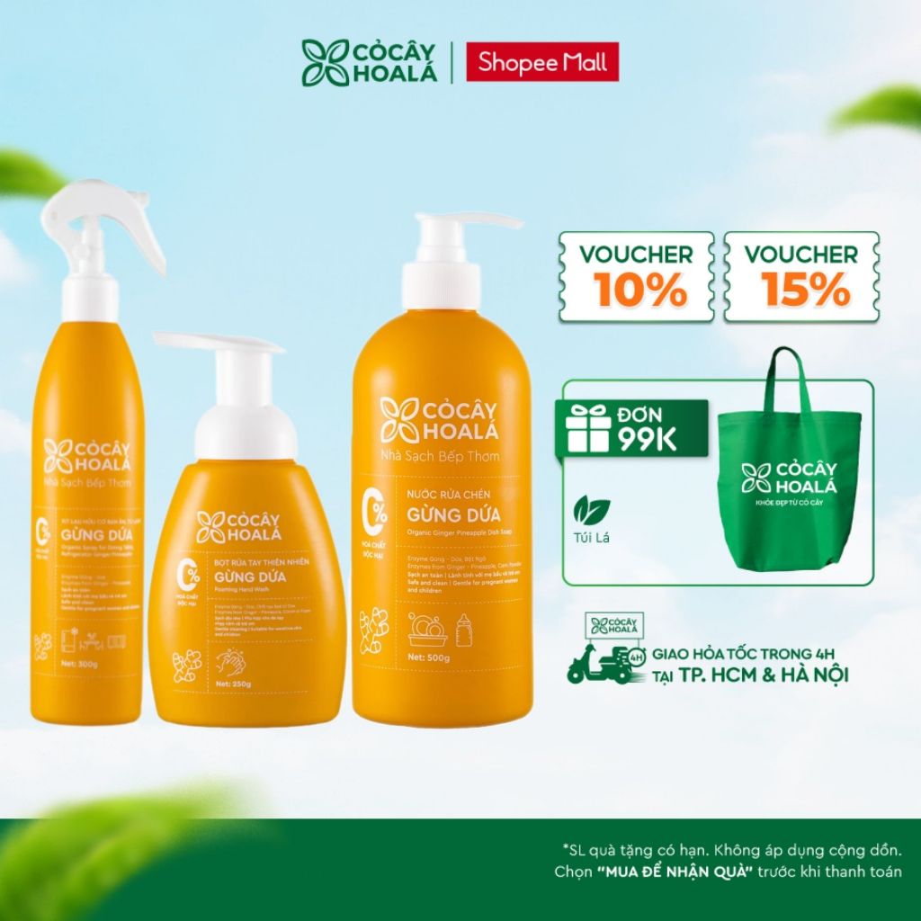 [COMBO NHÀ SẠCH BẾP THƠM] Bọt rửa tay thiên nhiên 250g, Nước rửa chén Gừng Dứa 500g, Xịt lau Gừng dứa Cỏ Cây Hoa Lá