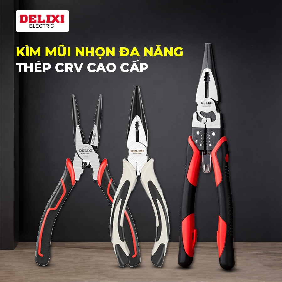 Kìm Mũi Nhọn DELIXI Đa Năng Trợ Lực Thép CRV Cao Cấp Kìm Điện Cắt Dây Tuốt Dây Bấm Cos Chuyên Nghiệp
