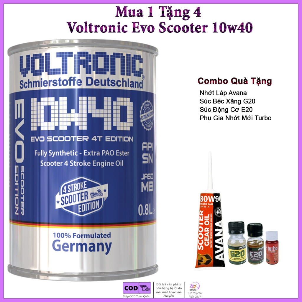 (Tặng 4 Quà) Dầu Nhớt Xe Tay Ga Voltronic Evo Scooter 10w40 Tặng Láp Avana, E20, G20, Turbo