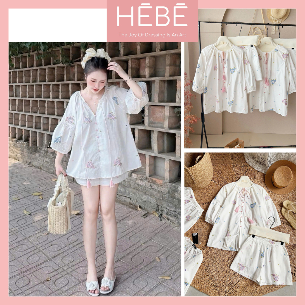 Set đồ nữ Mataso vải thô thêu hoa thoáng mát , Bộ đồ nữ áo tay lỡ cúc đinh ngọc kèm quần short cạp chun thời trang HEBE | BigBuy360 - bigbuy360.vn