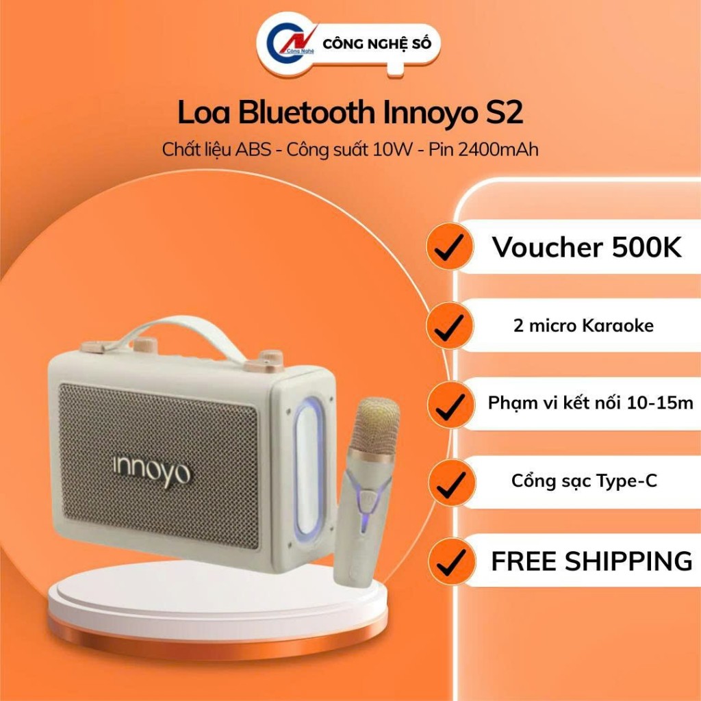 Loa Bluetooth Tích Hợp Micro Innoyo S2 - 2 micro không dây -Công suất 10W - Công Nghệ Số
