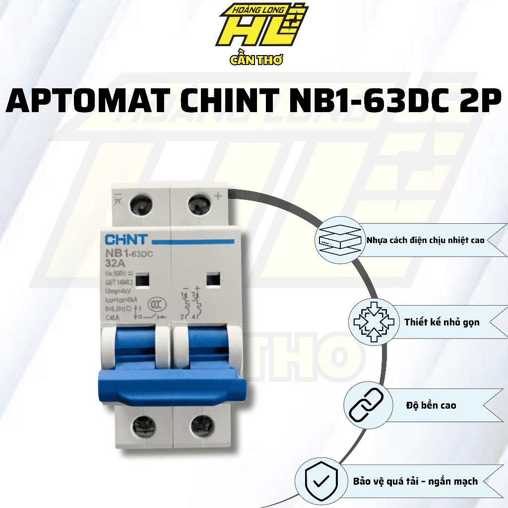 Cầu Dao Tự Động DC Chint NB1-63DC 2P – MCB DC Bảo Vệ Hệ Thống Điện Mặt Trời An Toàn