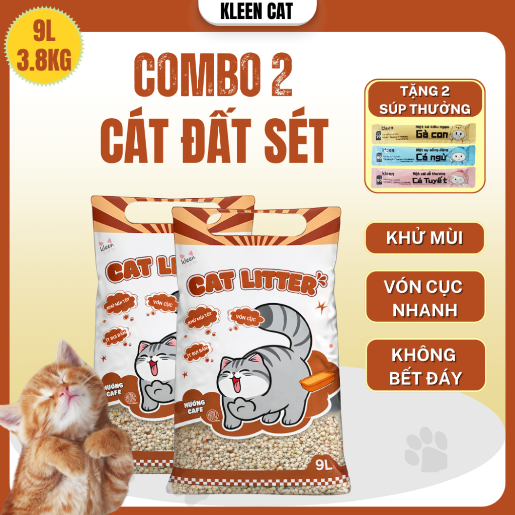 Combo 2 túi Cát Mèo Kleen 9l Đất Sét Khử Mùi, Cát Vệ Sinh Mèo Vón Cục Tốt - kleencat