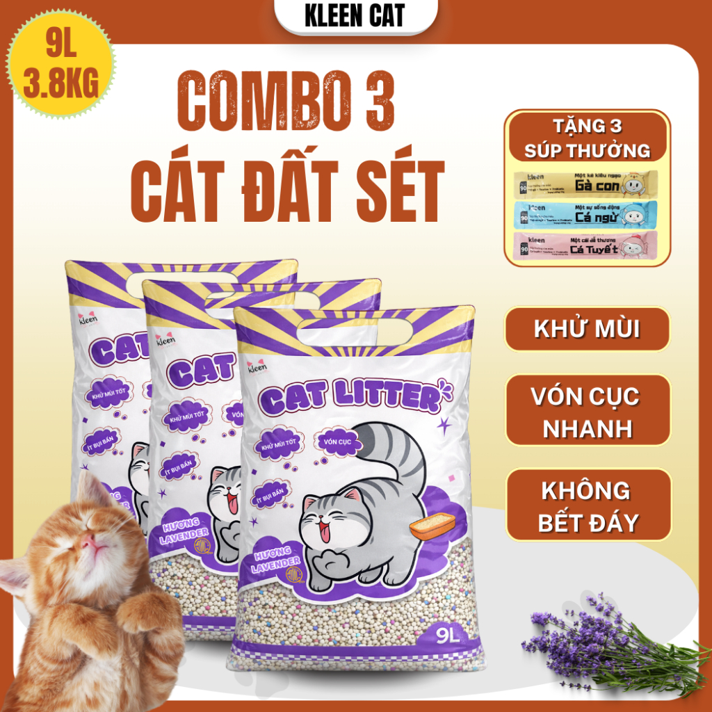 [TẶNG SÚP] Combo Tiết Kiệm 3 Túi Cát Mèo Vệ Sinh Kleen Cat 9l, Cát Mèo Khử Mùi Premium Cat Litter