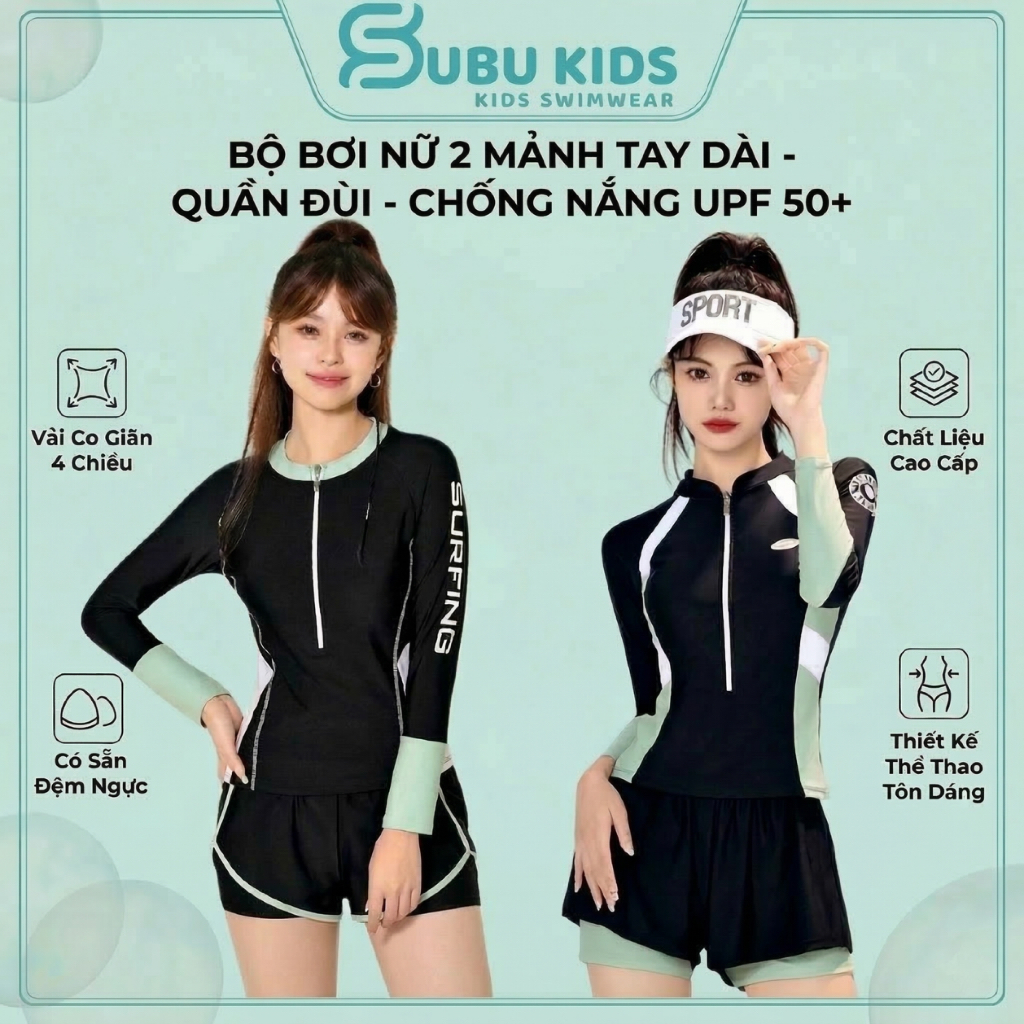 Đồ Bơi Nữ 2 Mảnh Tay Dài Kín Đáo - Bộ Bơi Nữ Quần Đùi Khóa Kéo Thể Thao Cao Cấp Chống Nắng Tôn Dáng