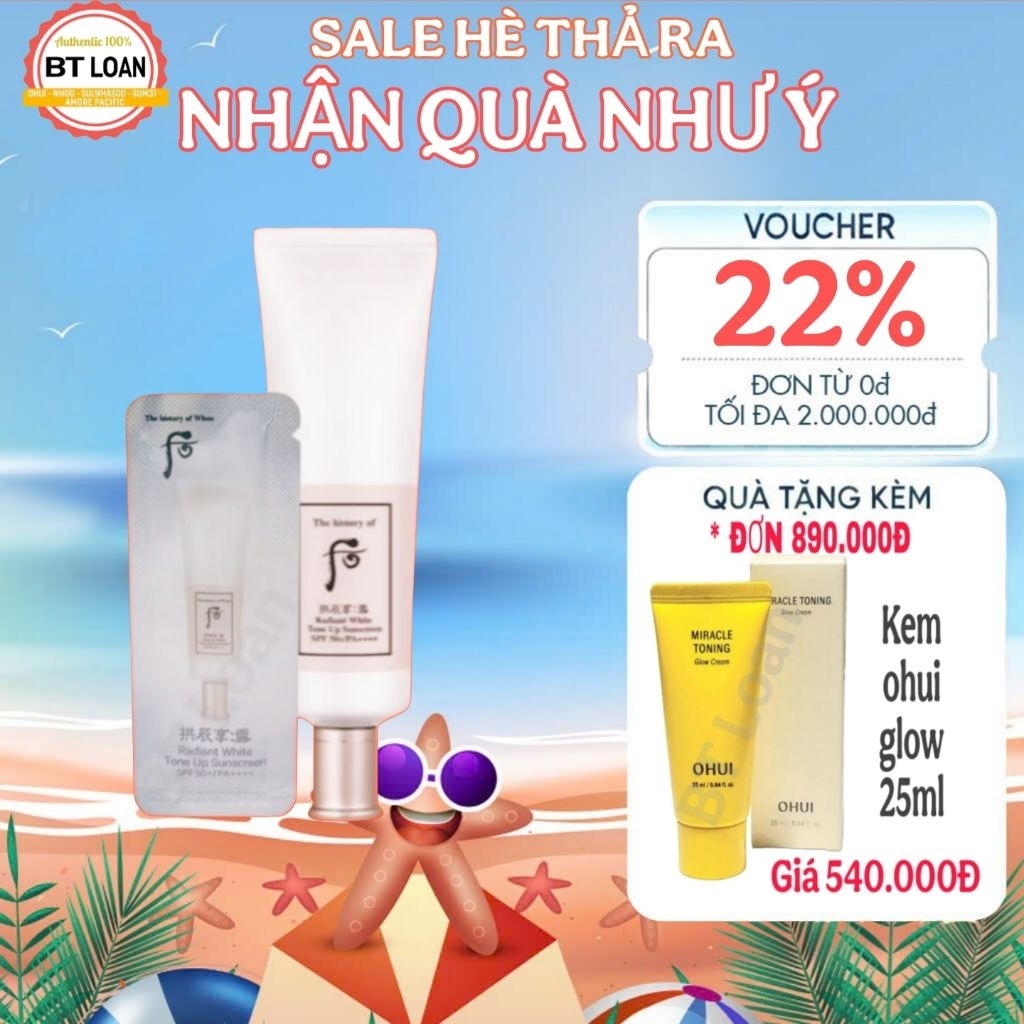 10 Gói Kem chống nắng dưỡng trắng nâng tone tức thì WHOO SEOL RADIANT WHITE TONE UP SUN SPF50+/ PA++++ 1G