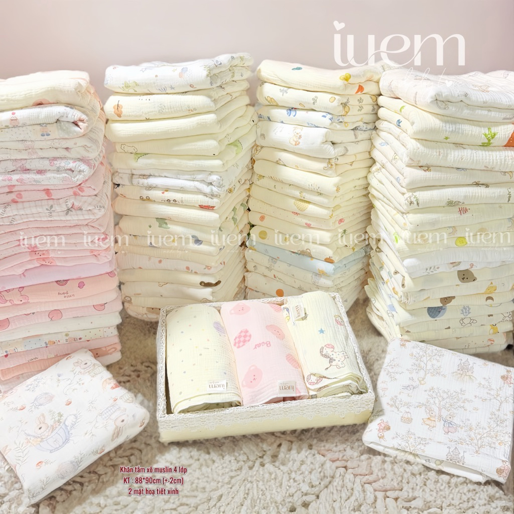 iuem Khăn tắm xô muslin 4 LỚP  kích thước 88*90cm (+-2cm) dành cho bé từ sơ sinh tới lớn, có thể kết hợp làm ủ