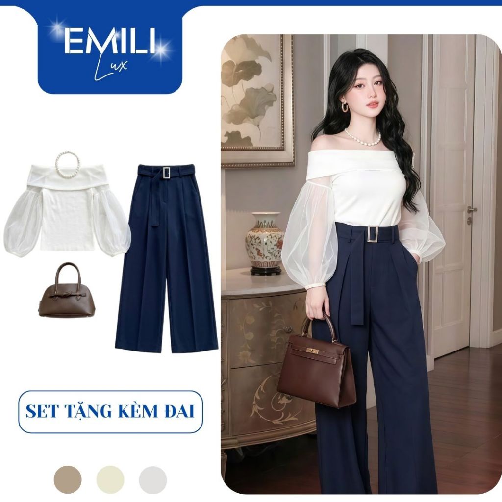 Set áo trễ vai quần ống rộng Emili lux phối tay bồng tơ kèm đai thanh lịch đi làm đi chơi B188