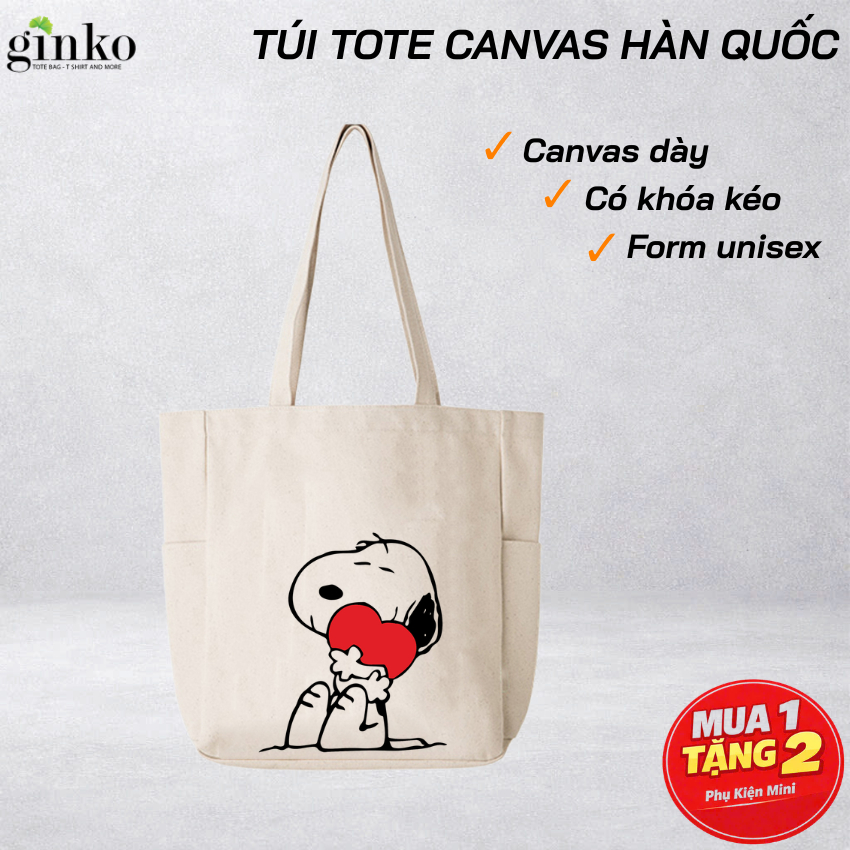 Túi Tote Canvas Snoopy GINKO Có Dây Kéo, Túi Tote Vải Canvas Unisex Phong Cách Hàn Quốc HM105
