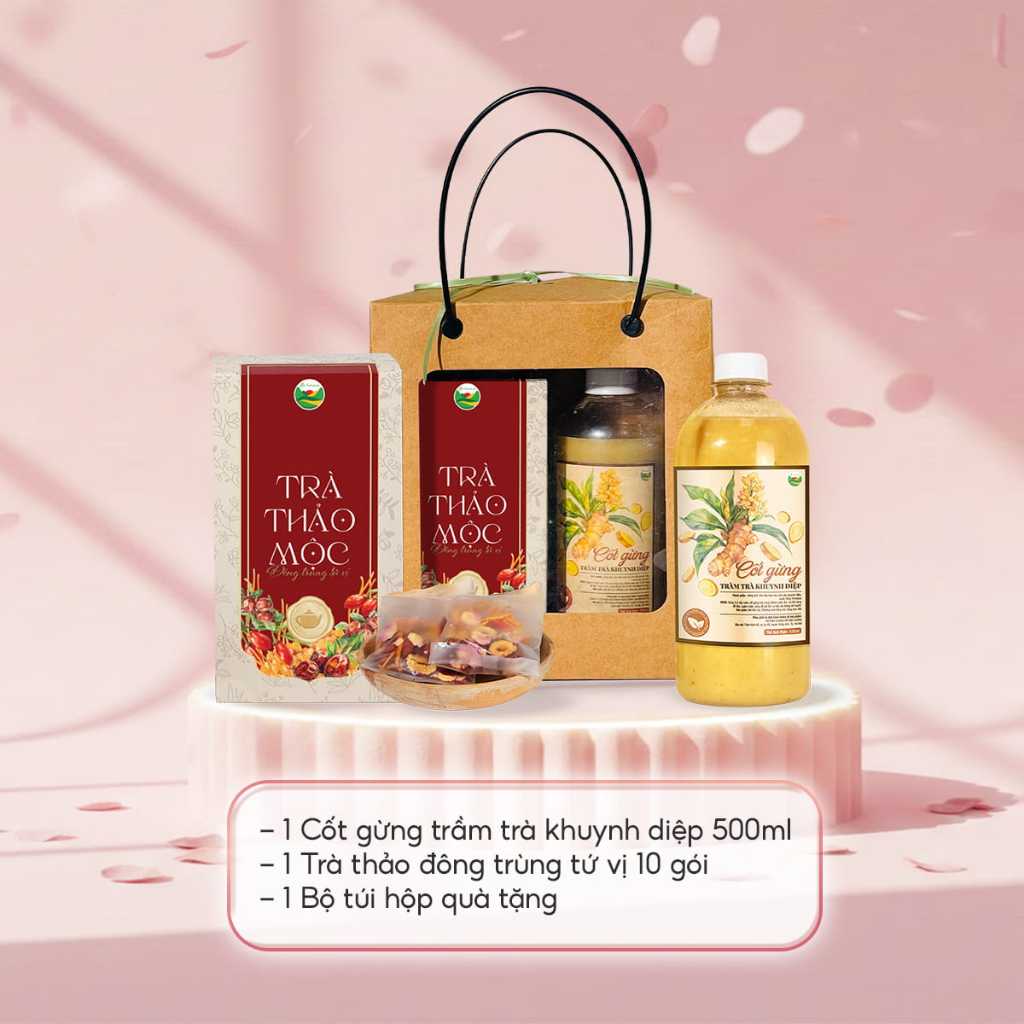 Set quà 8/3 tặng sức khỏe gồm cốt gừng ngâm chân và trà đông trùng tứ vị