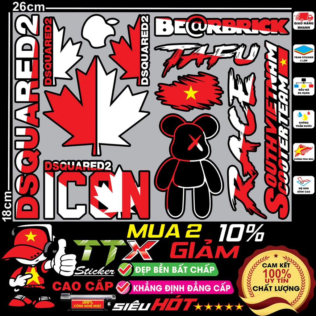 tem gấu bearbrick, tafu, race southvietnam hình dán xe siêu hót trend - team, sticker trang trí xe đẹp hết ý