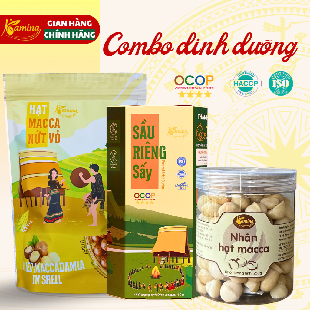 Combo 3 món Kamina - Hạt Macca nứt vỏ size M - Nhân macca tách vỏ - Nhân macca mix sầu riêng sấy