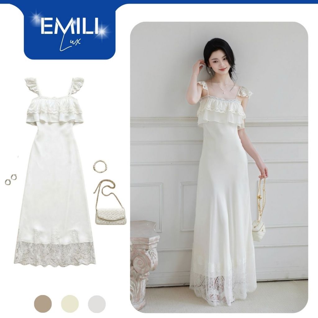 Váy maxi 2 dây trắng Emili Lux đầm hai dây bèo ngực phối ren cao cấp đi biển đi tiệc sang chảnh V567