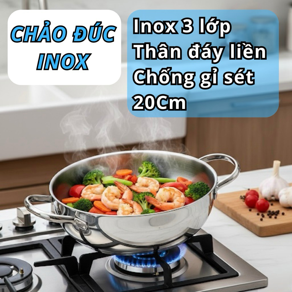 Chảo đúc inox 3 lớp thân đáy liền Kaiyo, sâu lòng, 2 tay cầm, size 20cm| Ảnh tại store