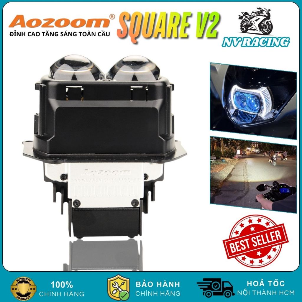 Đèn Bi LED Aozoom Square V2 Chính Hãng Công Suất 62W Ánh Sáng Trắng 3.0 Inch Gắn Xe Máy Chính Hãng