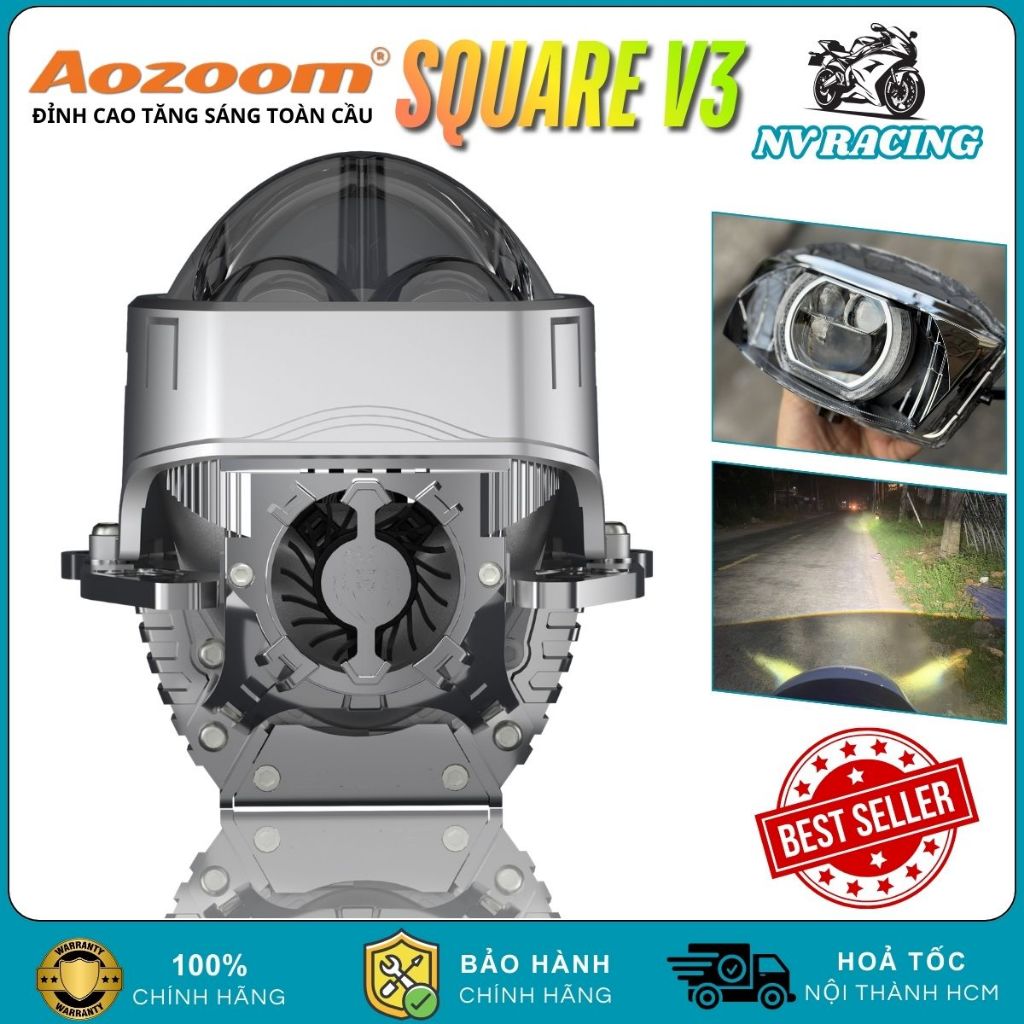 Đèn Bi LED Aozoom Square V3 Chính Hãng Công Suất 80W Ánh Sáng Trắng 3.0 Inch Gắn Xe Máy Chính Hãng